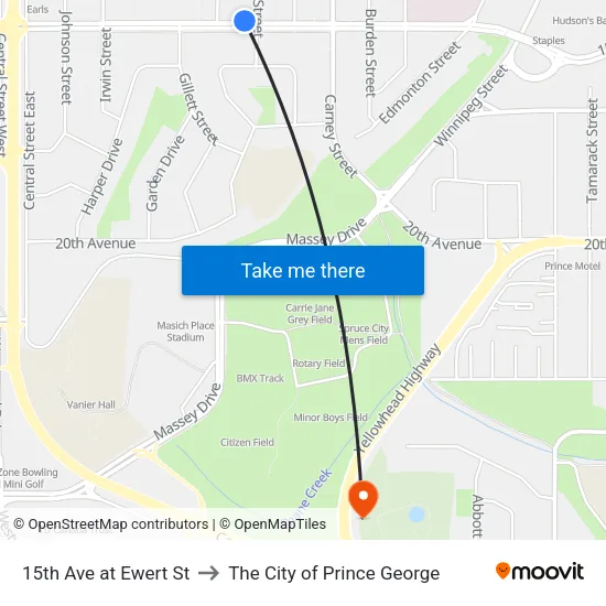15th Ave at Ewert St to The City of Prince George map
