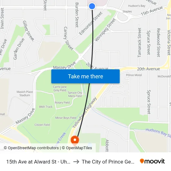 15th Ave at Alward St - Uhnbc to The City of Prince George map