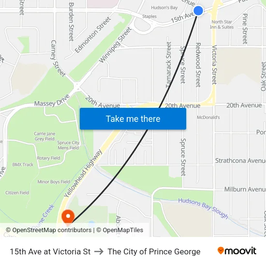 15th Ave at Victoria St to The City of Prince George map