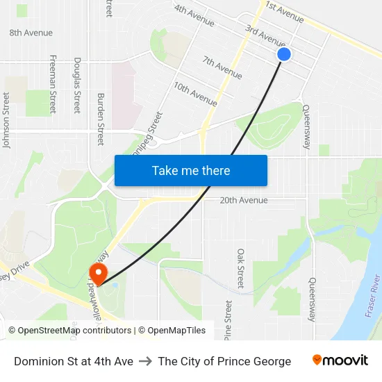 Dominion St at 4th Ave to The City of Prince George map