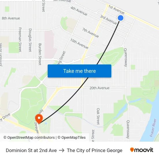 Dominion St at 2nd Ave to The City of Prince George map