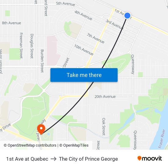 1st Ave at Quebec to The City of Prince George map