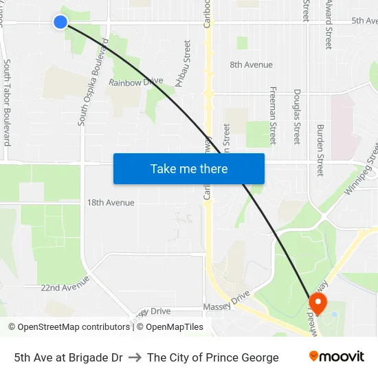 5th Ave at Brigade Dr to The City of Prince George map