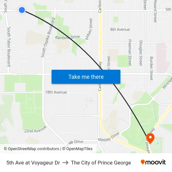 5th Ave at Voyageur Dr to The City of Prince George map