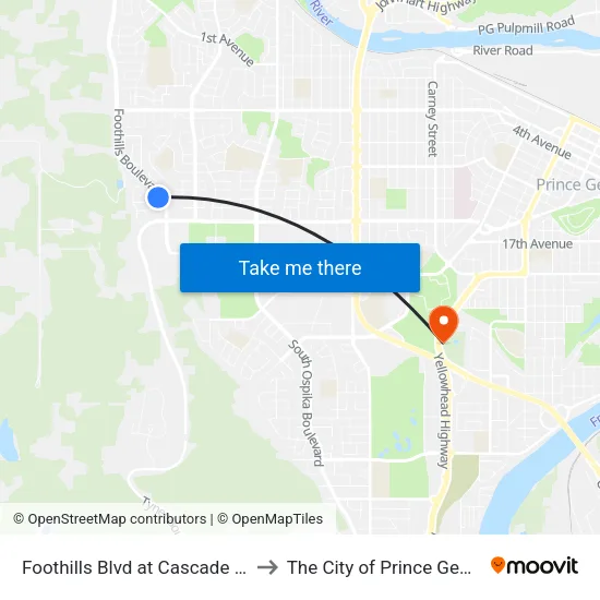 Foothills Blvd at Cascade Ave to The City of Prince George map