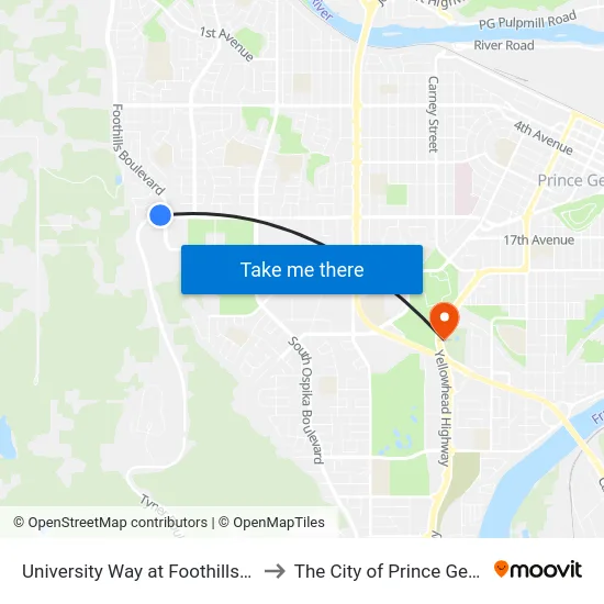University Way at Foothills Blvd to The City of Prince George map