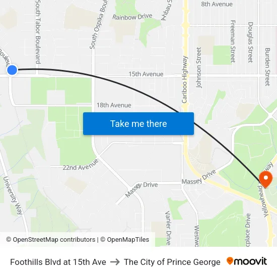 Foothills Blvd at 15th Ave to The City of Prince George map