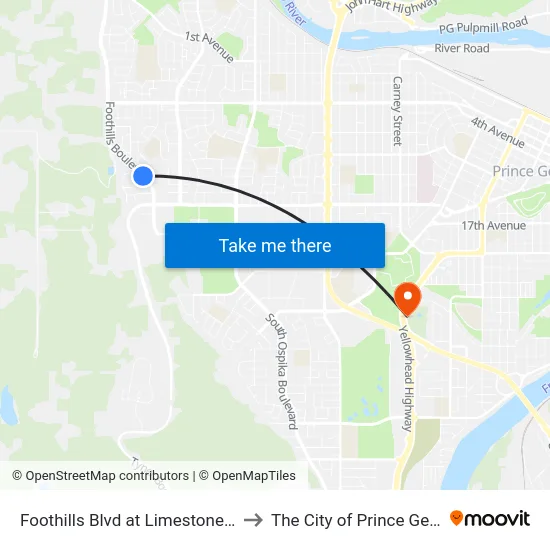 Foothills Blvd at Limestone Cres to The City of Prince George map