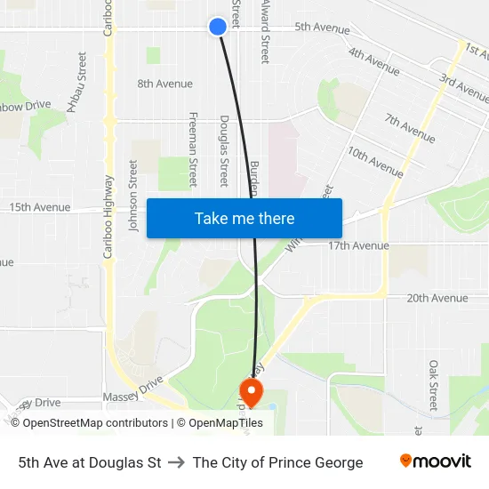 5th Ave at Douglas St to The City of Prince George map