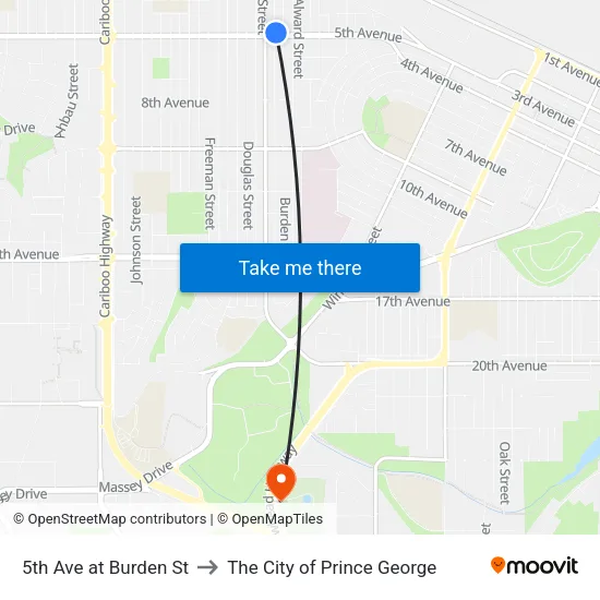 5th Ave at Burden St to The City of Prince George map