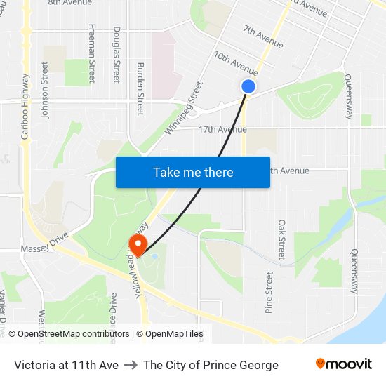 Victoria at 11th Ave to The City of Prince George map