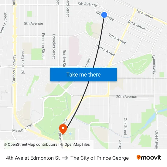 4th Ave at Edmonton St to The City of Prince George map