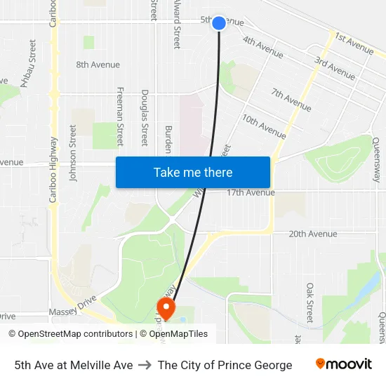 5th Ave at Melville Ave to The City of Prince George map