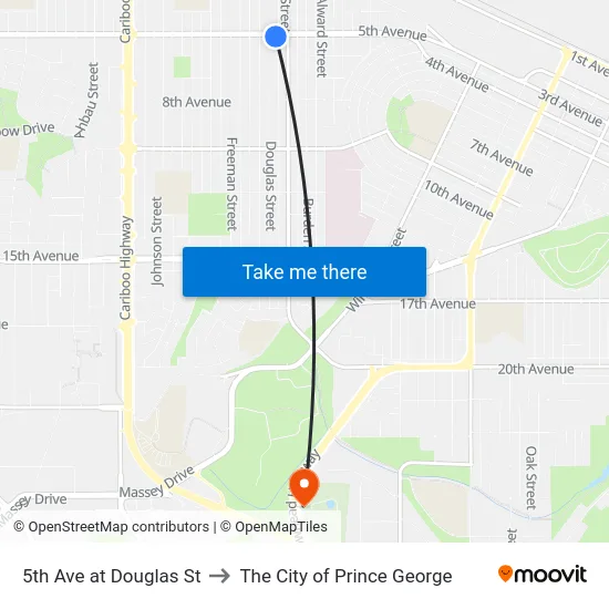 5th Ave at Douglas St to The City of Prince George map