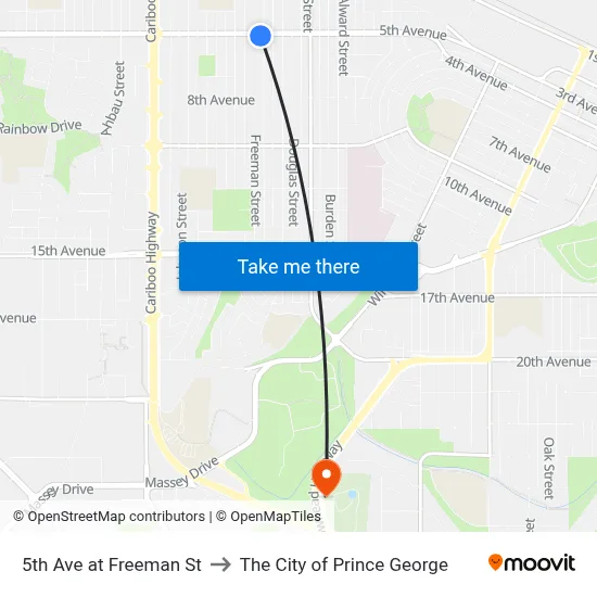 5th Ave at Freeman St to The City of Prince George map