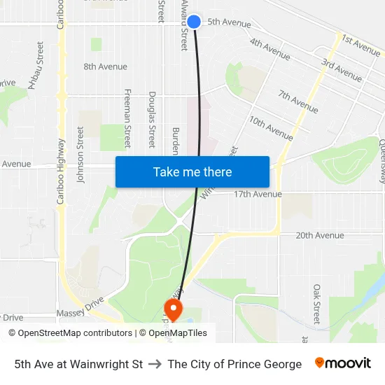 5th Ave at Wainwright St to The City of Prince George map
