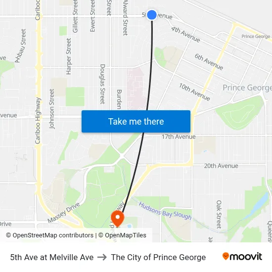5th Ave at Melville Ave to The City of Prince George map