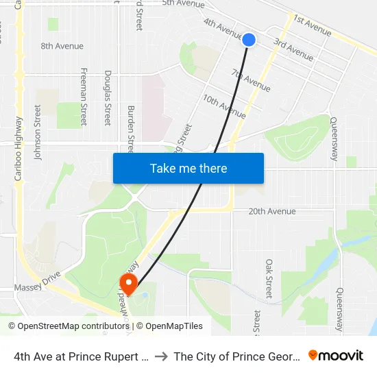 4th Ave at Prince Rupert St to The City of Prince George map