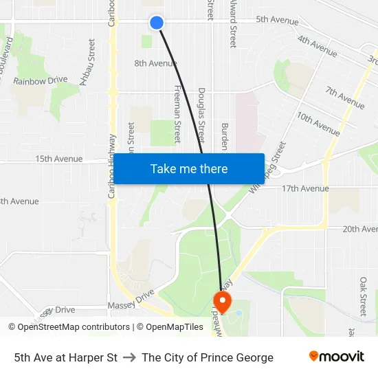 5th Ave at Harper St to The City of Prince George map
