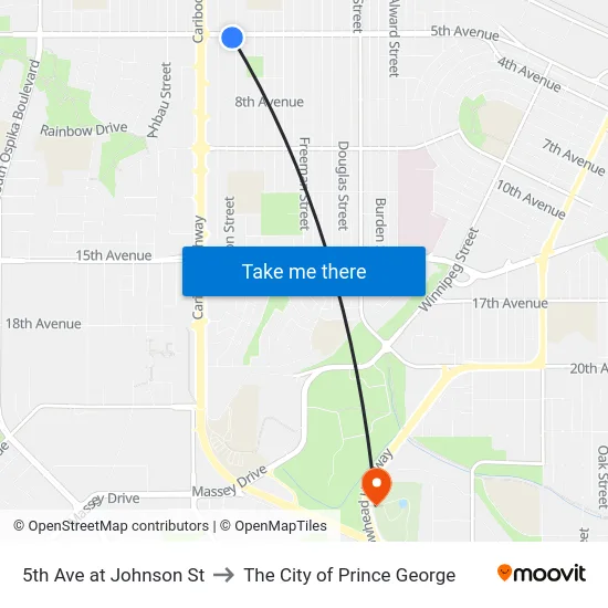 5th Ave at Johnson St to The City of Prince George map