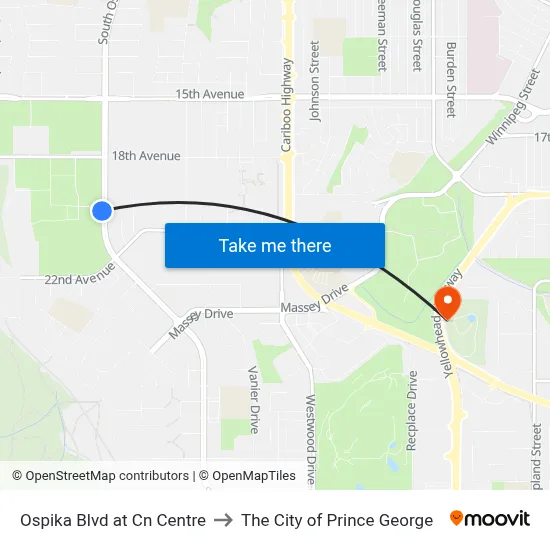 Ospika Blvd at Cn Centre to The City of Prince George map