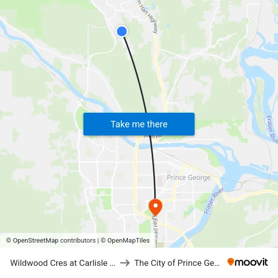 Wildwood Cres at Carlisle Way to The City of Prince George map