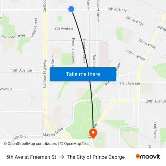 5th Ave at Freeman St to The City of Prince George map