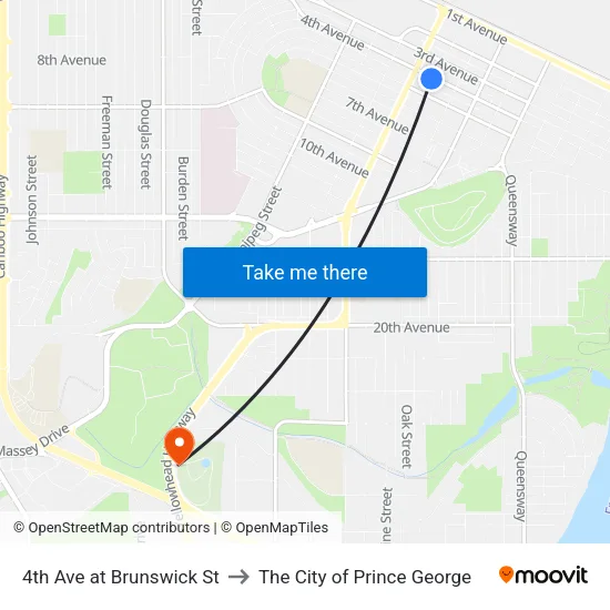 4th Ave at Brunswick St to The City of Prince George map