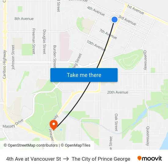 4th Ave at Vancouver St to The City of Prince George map
