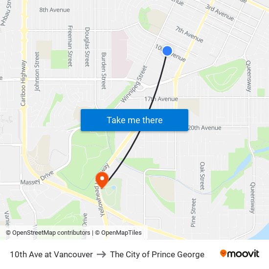 10th Ave at Vancouver to The City of Prince George map