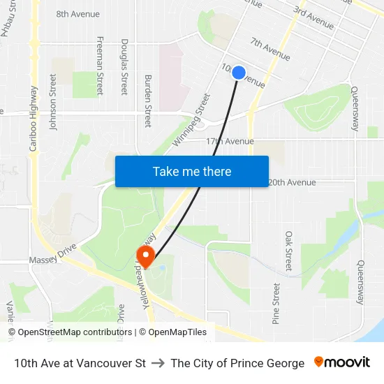 10th Ave at Vancouver St to The City of Prince George map