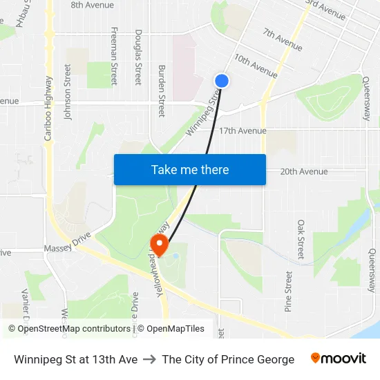 Winnipeg St at 13th Ave to The City of Prince George map