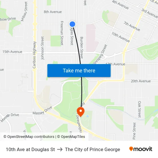 10th Ave at Douglas St to The City of Prince George map