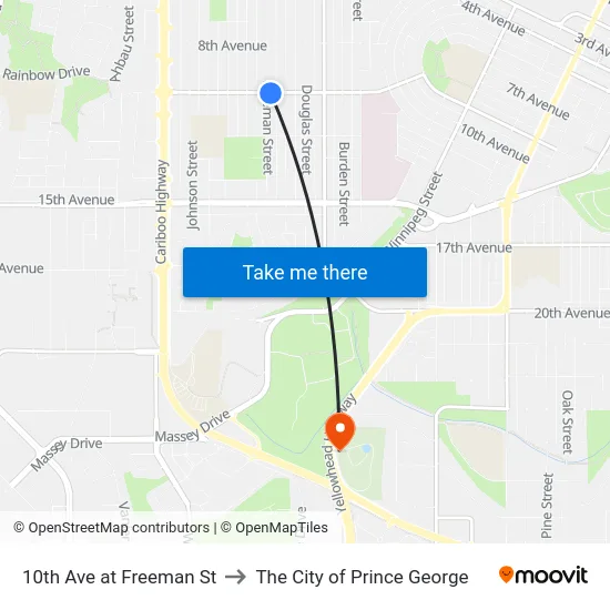 10th Ave at Freeman St to The City of Prince George map