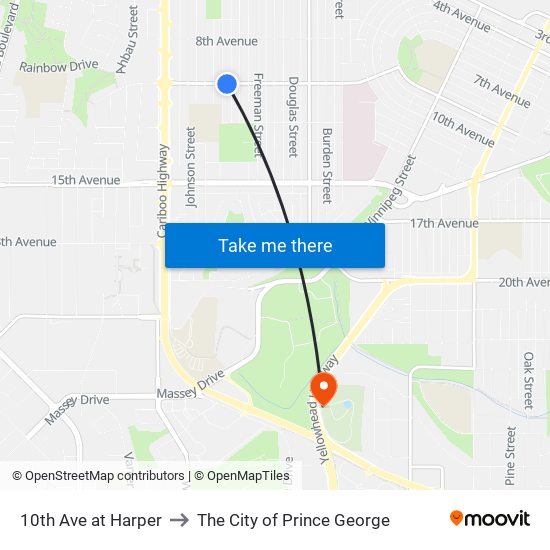 10th Ave at Harper St to The City of Prince George map