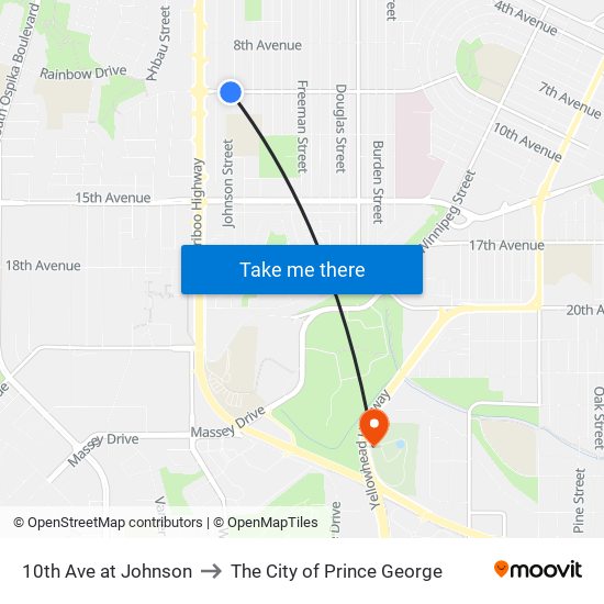 10th Ave at Johnson to The City of Prince George map