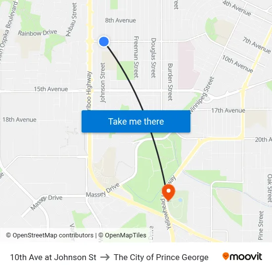 10th Ave at Johnson St to The City of Prince George map
