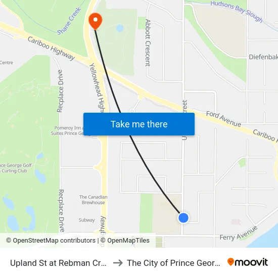 Upland St at Rebman Cres to The City of Prince George map