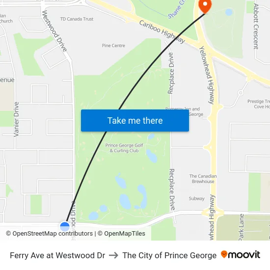 Ferry Ave at Westwood Dr to The City of Prince George map