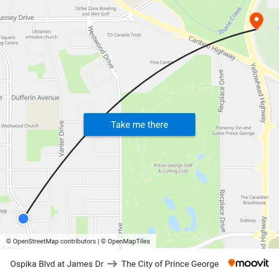 Ospika Blvd at James Dr to The City of Prince George map