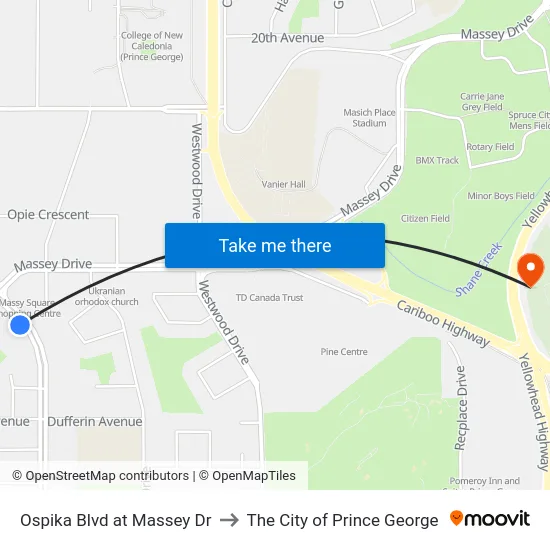 Ospika Blvd at Massey Dr to The City of Prince George map