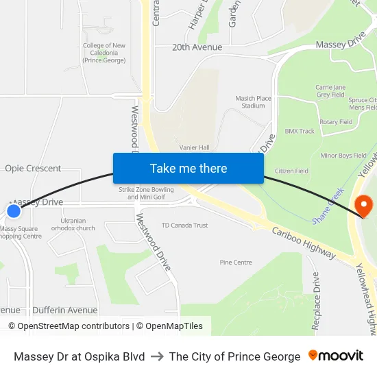 Massey Dr at Ospika Blvd to The City of Prince George map