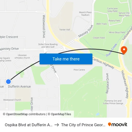 Ospika Blvd at Dufferin Ave to The City of Prince George map
