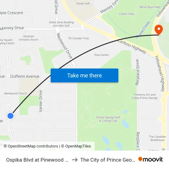 Ospika Blvd at Pinewood Ave to The City of Prince George map