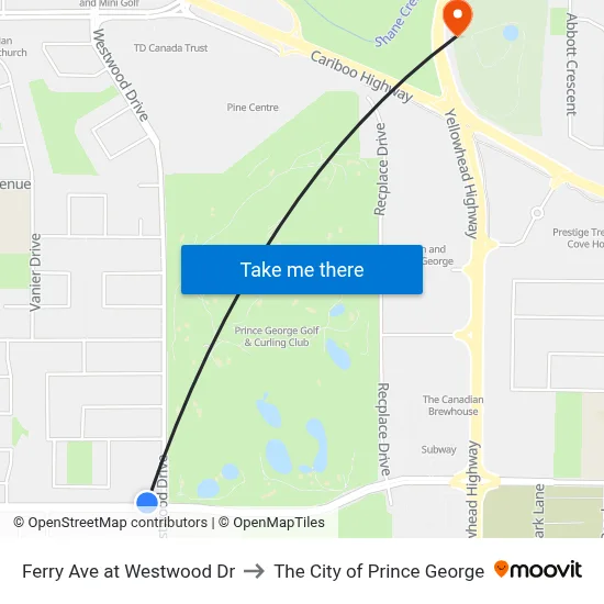 Ferry Ave at Westwood Dr to The City of Prince George map