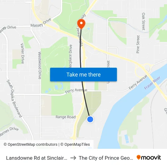 Lansdowne Rd at Sinclair Rd to The City of Prince George map