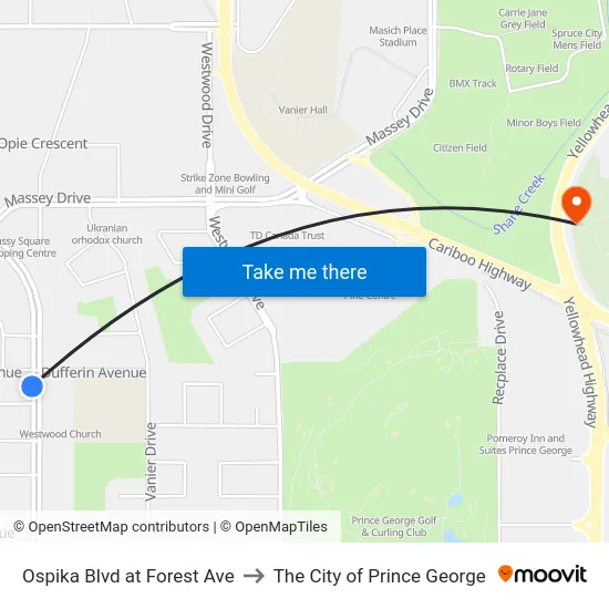 Ospika Blvd at Forest Ave to The City of Prince George map