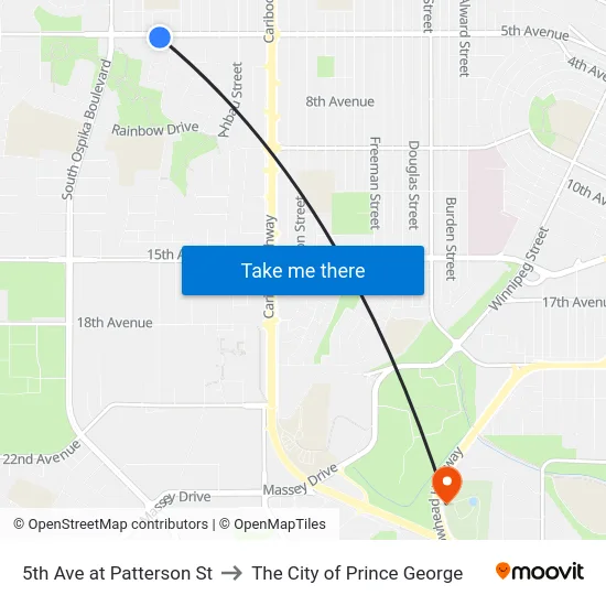 5th Ave at Patterson St to The City of Prince George map