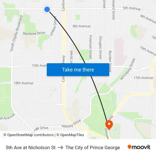 5th Ave at Nicholson St to The City of Prince George map