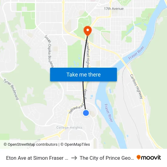 Eton Ave at Simon Fraser Ave to The City of Prince George map